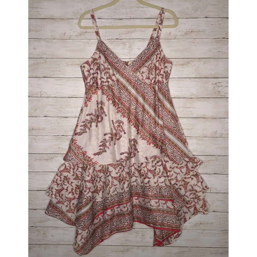Culture Shop Strapless Silk Dress Tiered Ruffle Party Red Paisley Floral Medium